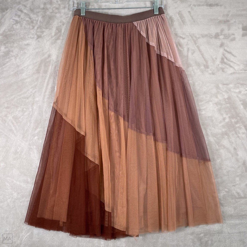 DR2 Women's Skirt Midi Neutral Coquette Tulle Fairy Pleated Feminine M Brown - Picture 6 of 6
